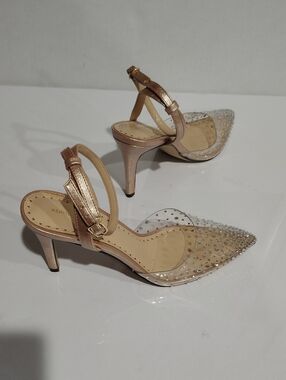 Adrienne Vittadini Gold Ankle Strap Pointed Toe Rhinestone Heels Size 10
